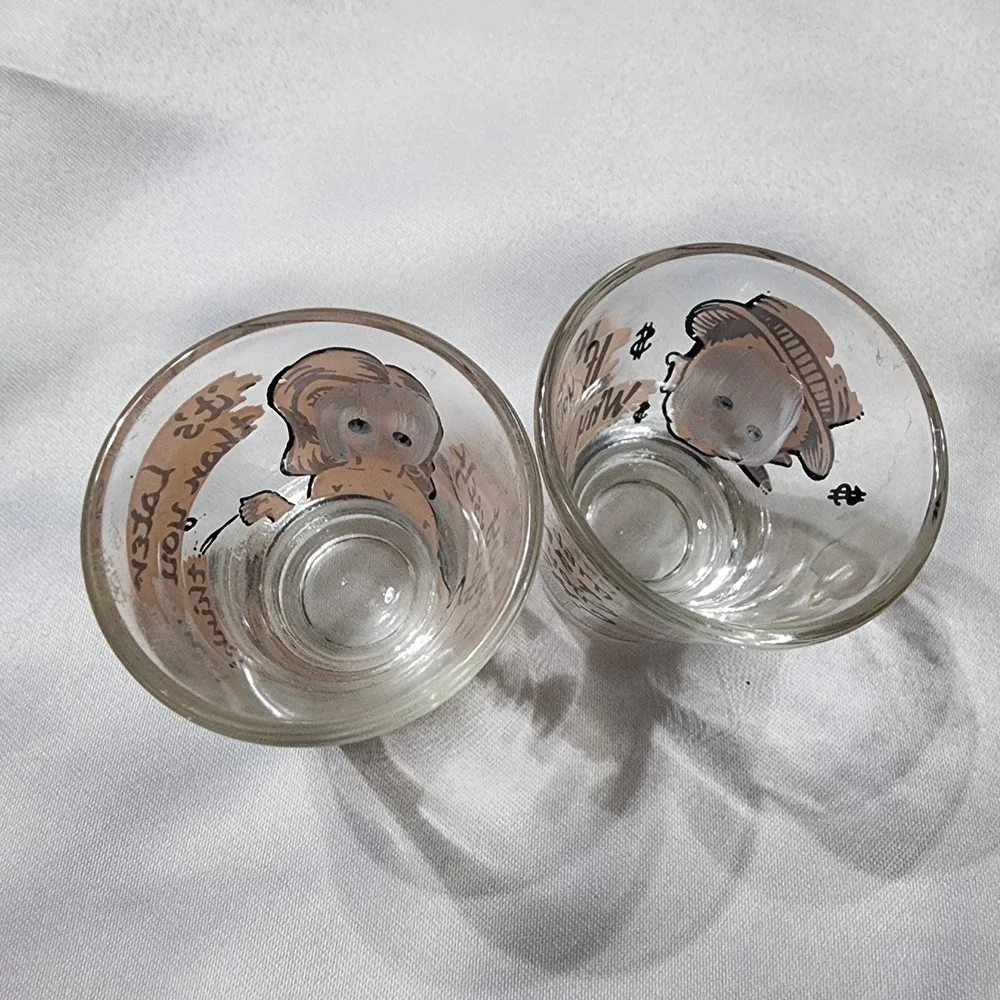 Vintage Federal Glass Shot Glasses Set of 2 Mid Century Comic Humorous Barware